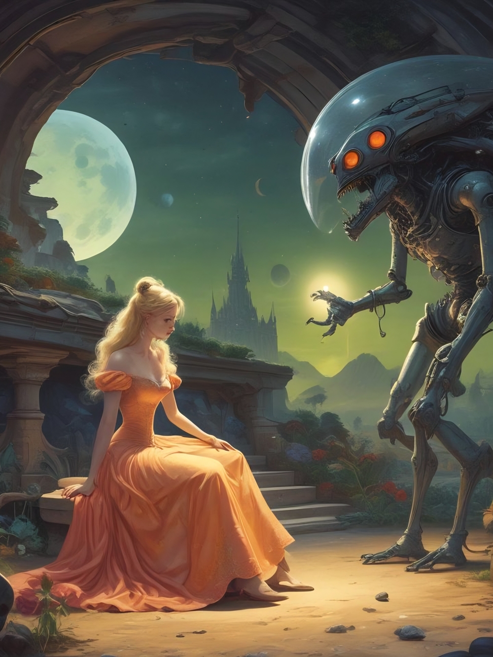Princess & Automaton Fantasy Art Print — Orange Gown